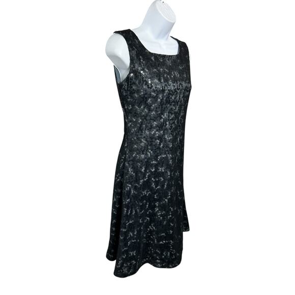 EBZA Black A-Line Dress Sz Small Mesh Floral Sequin Sleeveless Lined Knee Length - Picture 5 of 7